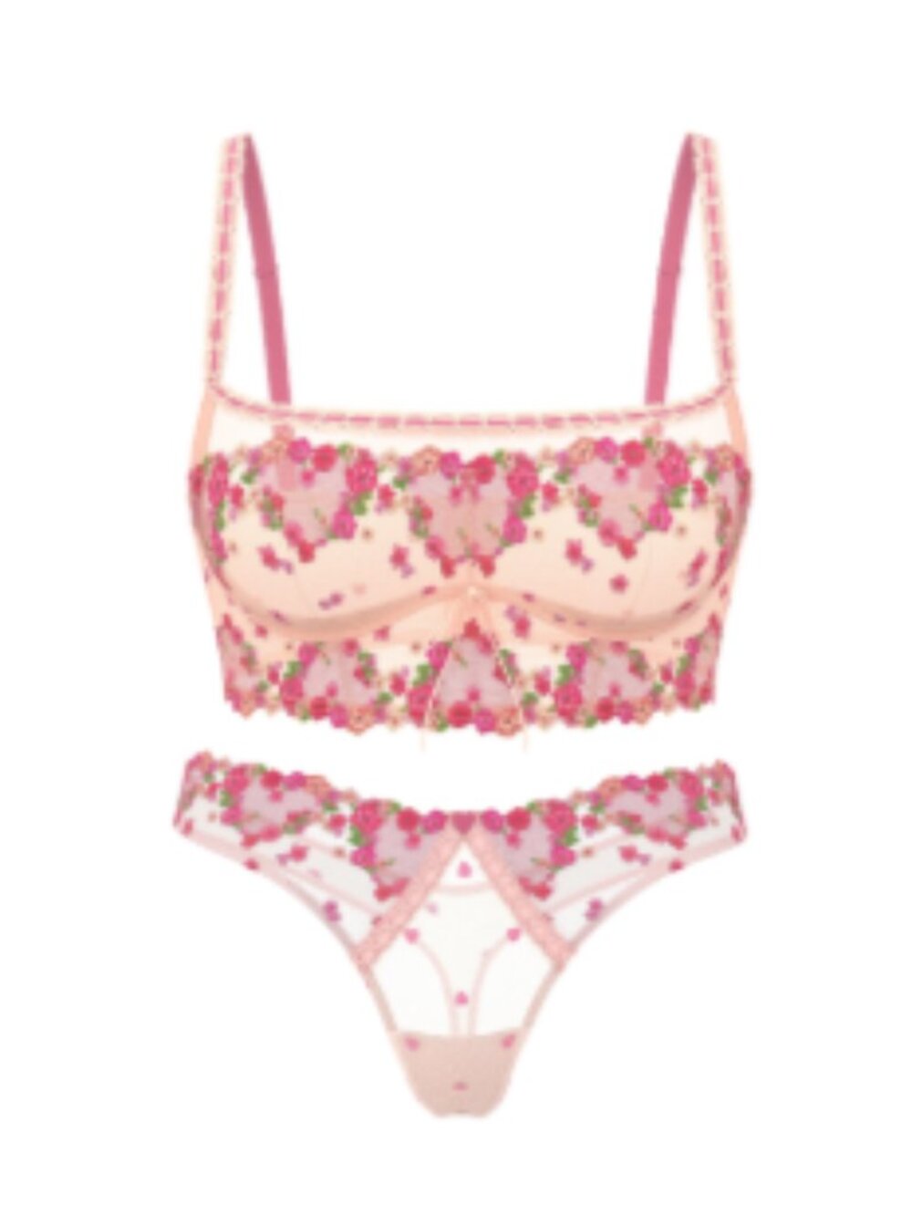 Victoria's Secret Dream Angels Pink Hearts & Roses Embroidery Bra Top 2 Pc Set S